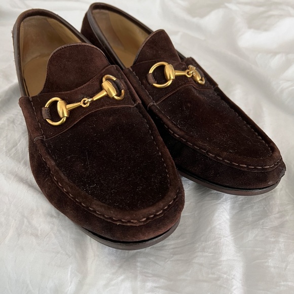 Men's Gucci Brown Swede Classic Style Loafers Gold Horseshoe Bit 41.5/8.5 - Picture 11 of 14